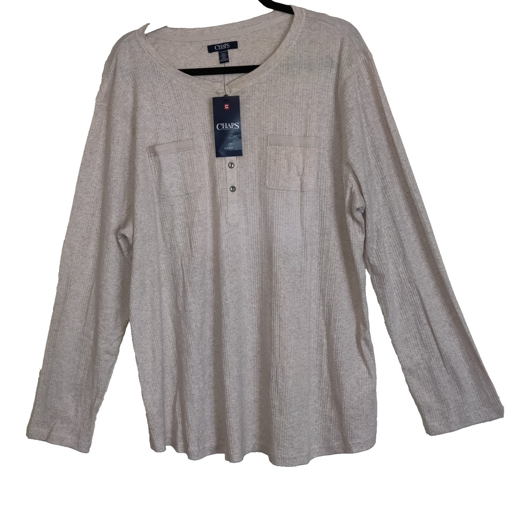 Chaps Womens Beige Top PLUS Sz 3X Lightweight Wide Ribbing Pockets River NWT